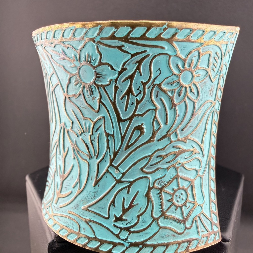 Wide Cuff Turquoise Patina Owl Cuff Bracelet - Picture 2 of 8